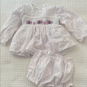Cecil and Lou Girls White and Pink Smocked Turkey Set 18M